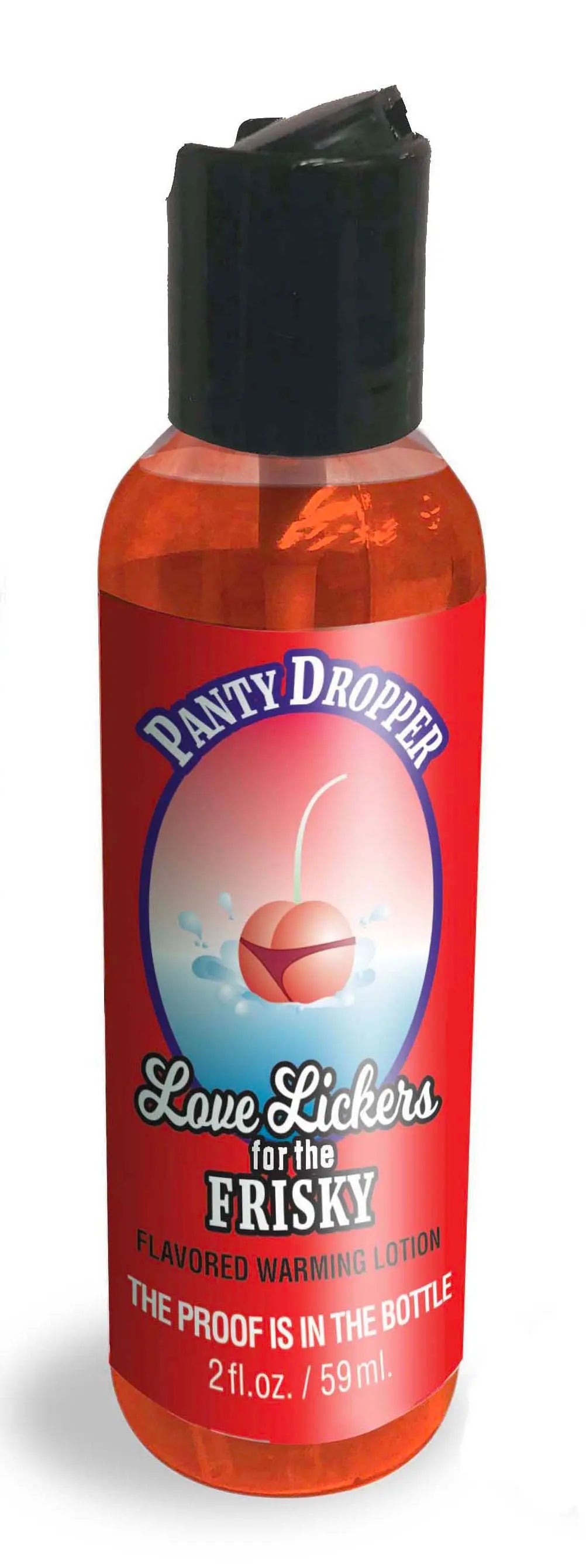 Massage oil bottle with black cap and orange label reading Panty Dropper Frisky.