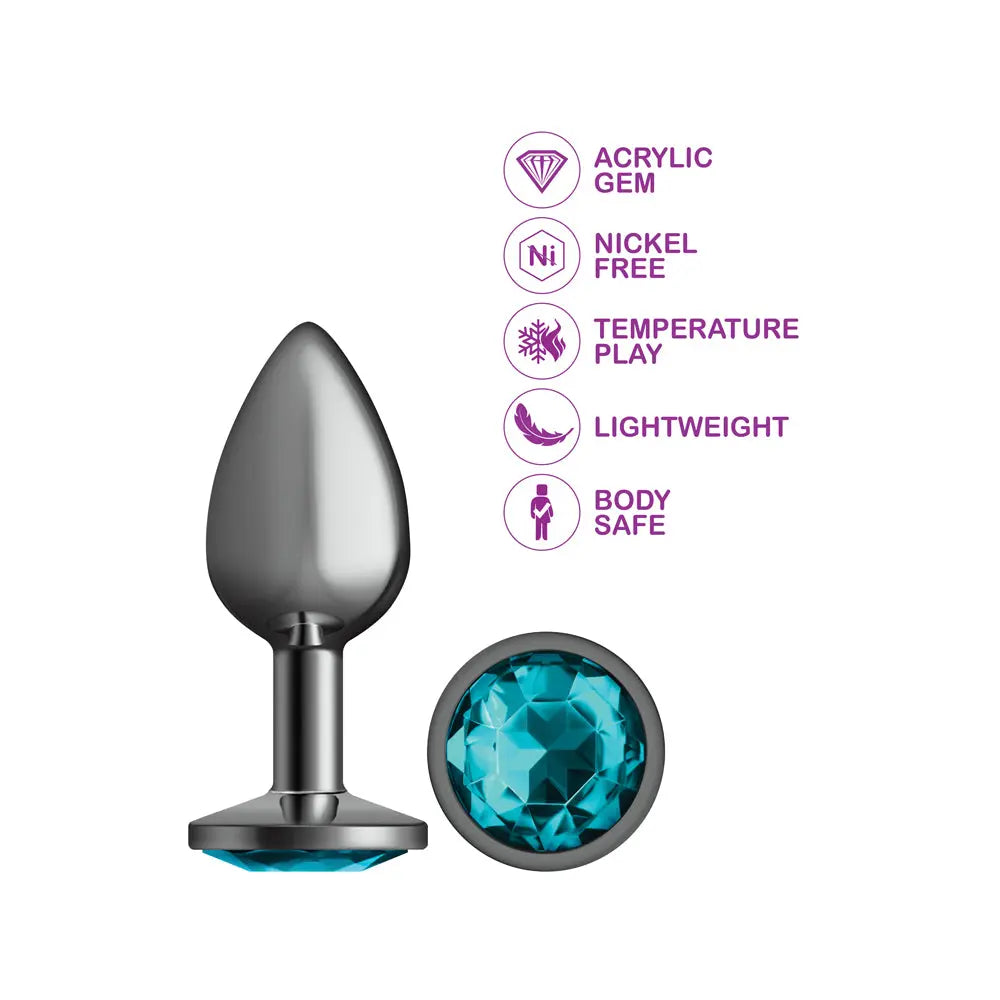 Teal Round Gem Gunmetal Metal Plug - Md – body-safe materials | Fu'Cha Exotics