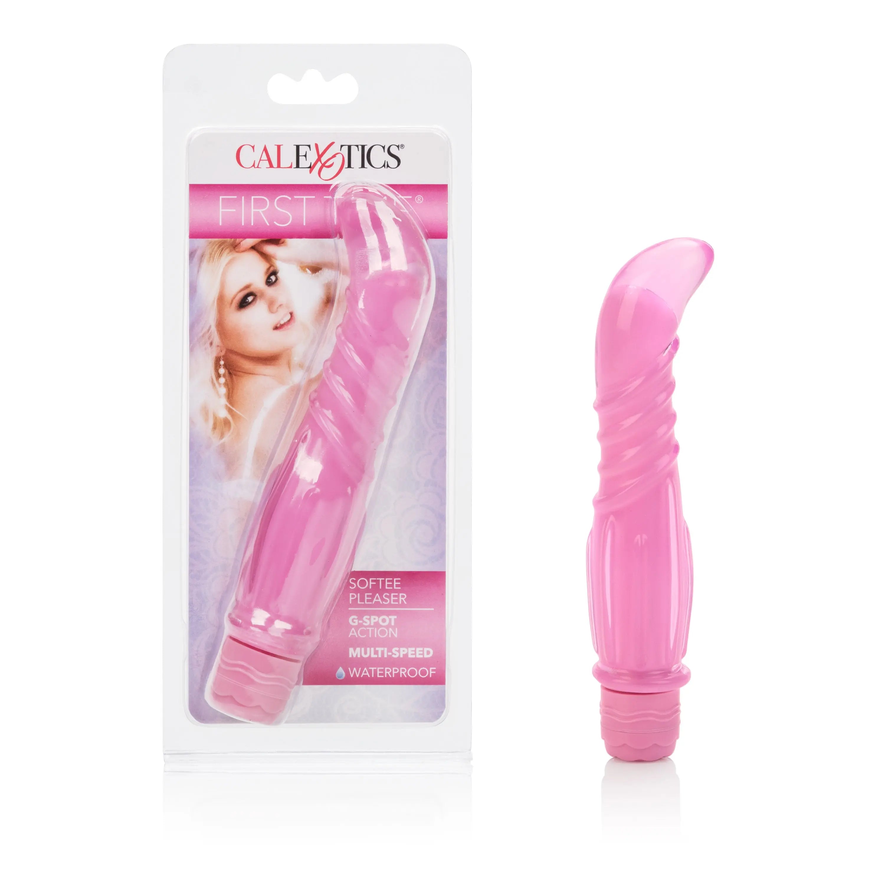Pink curved silicone vibrator with textured ridges and flared tip