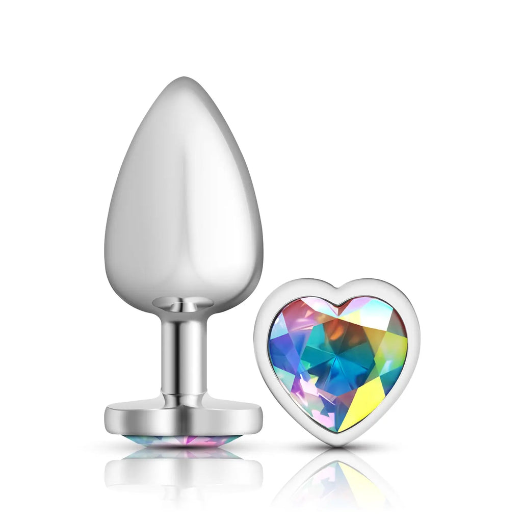 Clear Iridescent Heart Gem Silver Metal Plug - Lg – body-safe materials fully waterproof | Fu'Cha Exotics