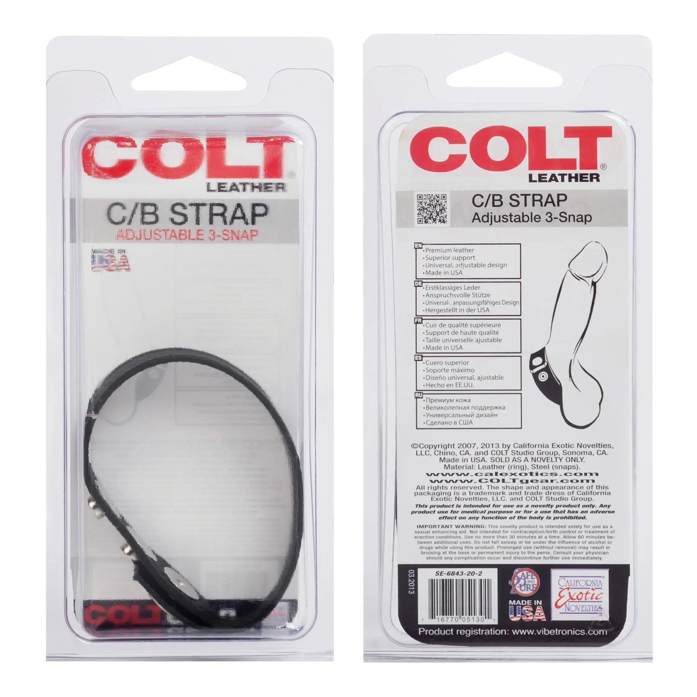 Adjustable leather strap with 3 snaps, dark finish, blister pack