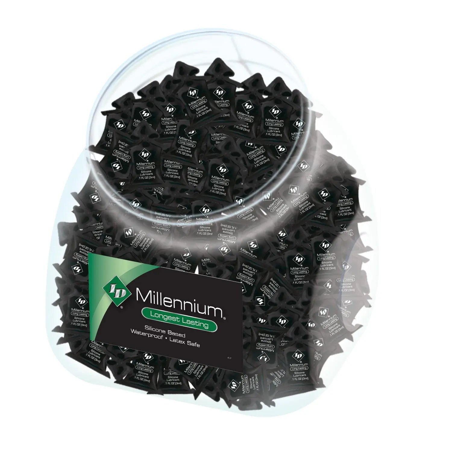 ID Millennium jar with black stick-on pieces, labeled for long-lasting wear