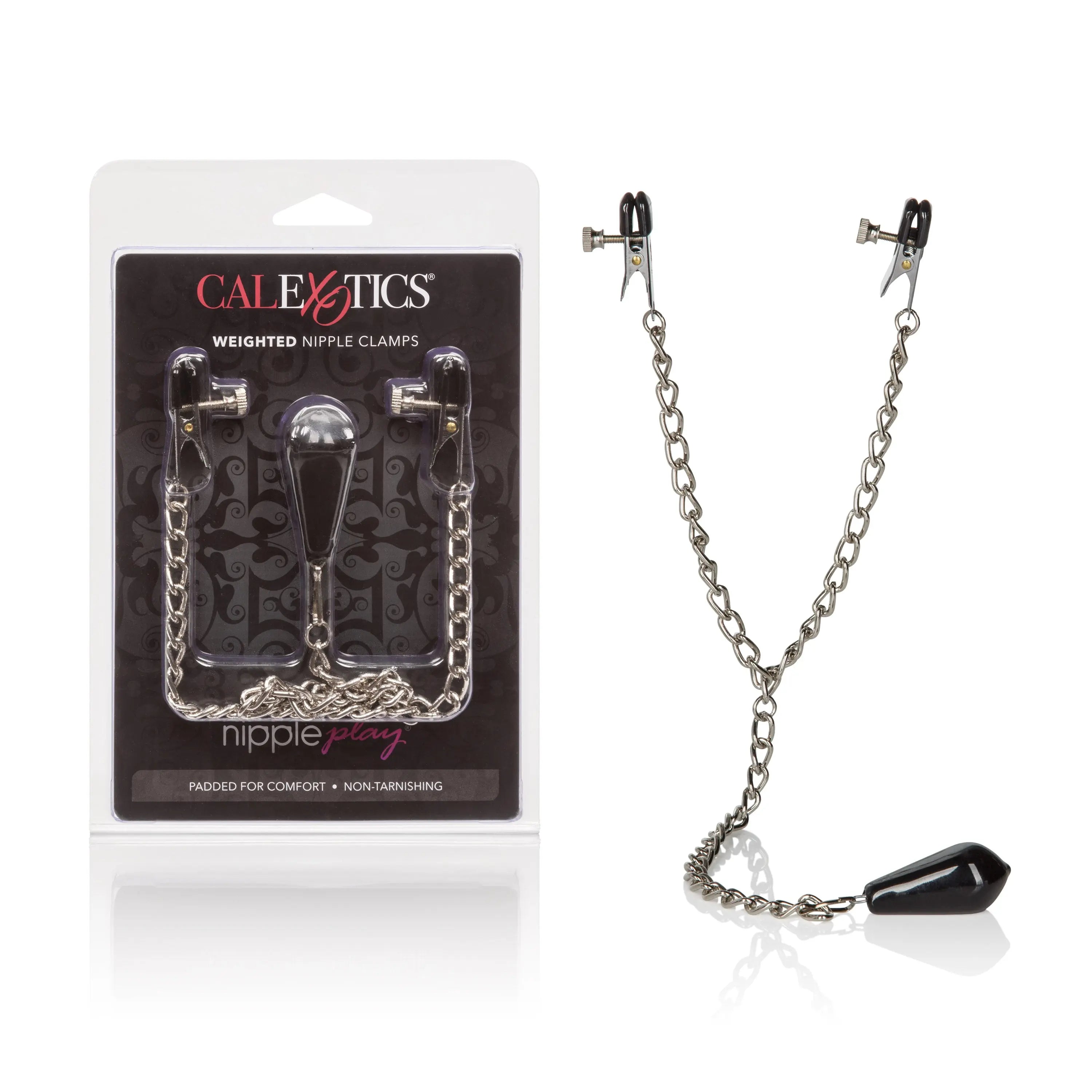 Weighted nipple clamps with padded black tips and silver chain links
