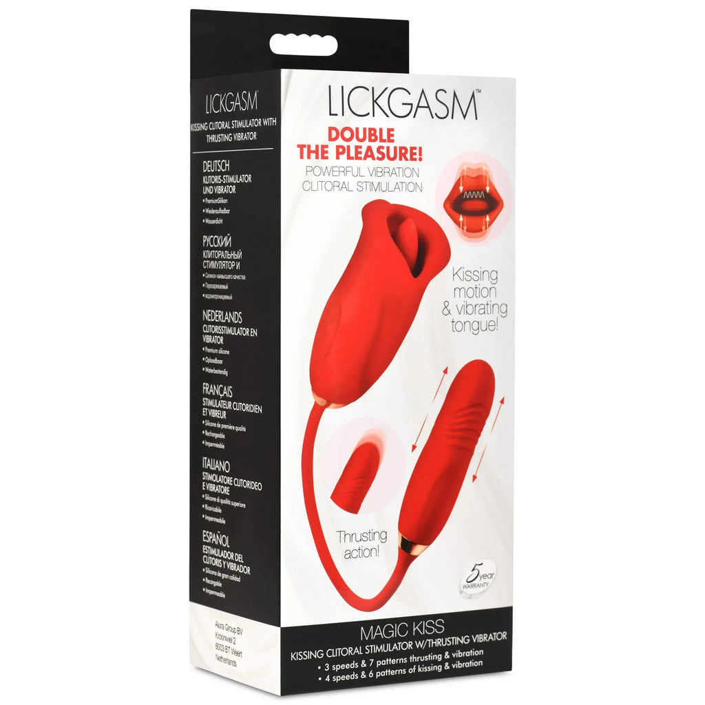 Magic Kiss Kissing Clitoral Stimulator With Thrusting Vibrator - Red – body-safe silicone 10 vibration modes | Fu'Cha Exotics