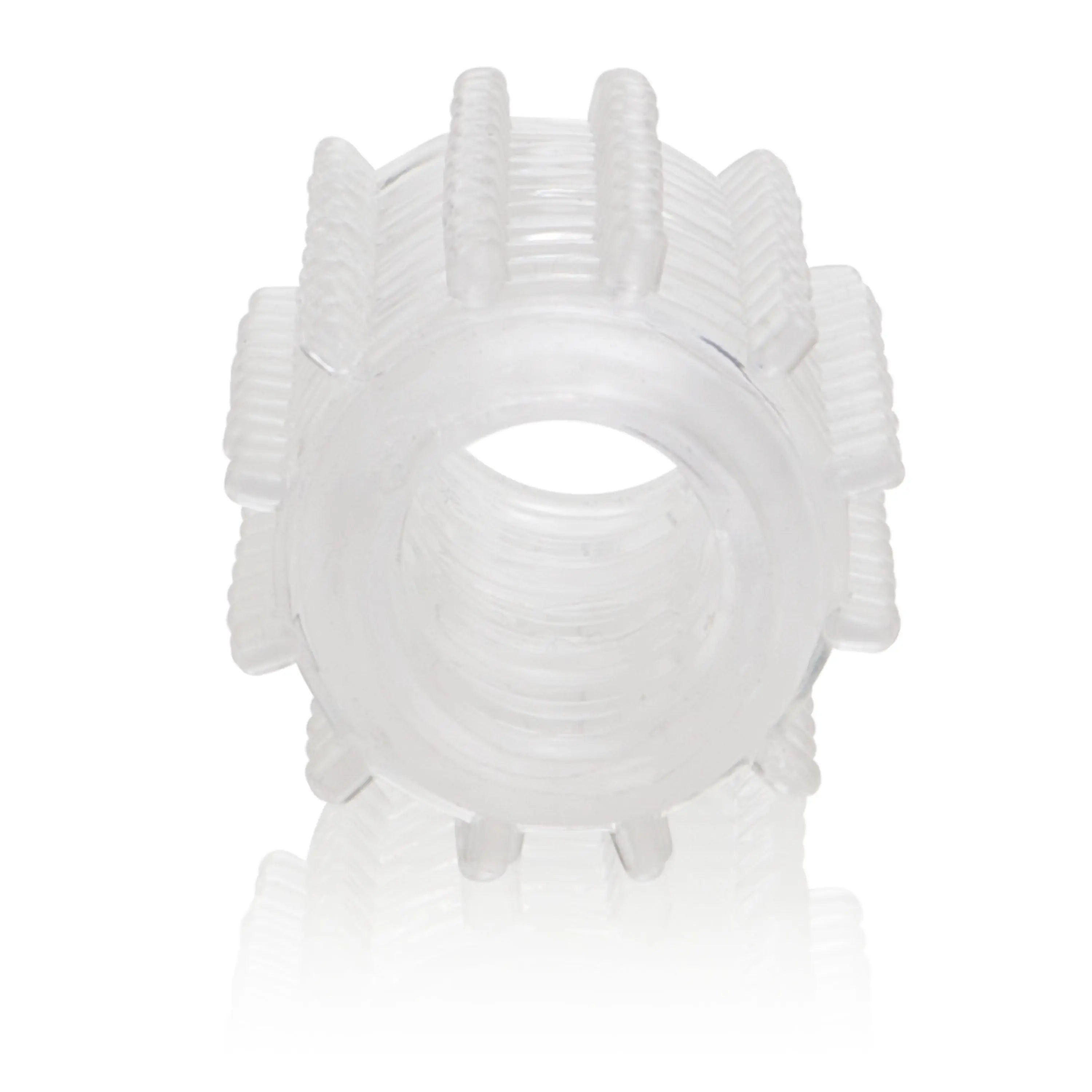 Clear reversible masturbator with ring opening and raised textured grips