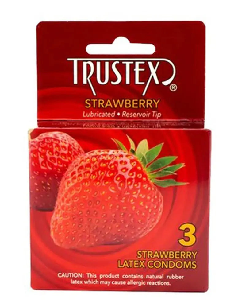 Trustex strawberry latex condoms, 3-pack box with strawberry graphic