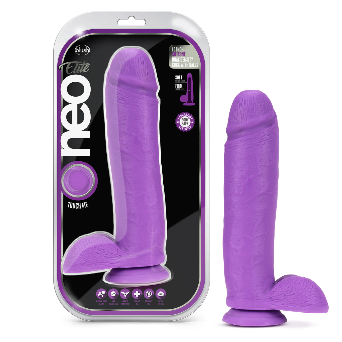 Neo Elite - 10 Inch Silicone Dual Density Cock with Balls - Neon Purple – body-safe materials | Fu'Cha Exotics