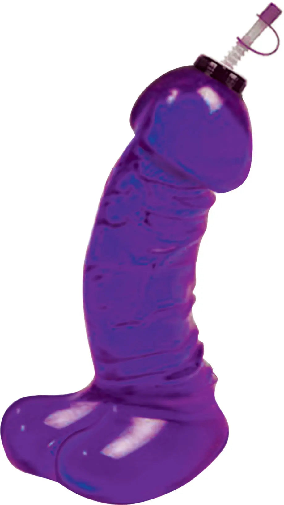 Purple novelty sports bottle with flip-top cap and straw spout