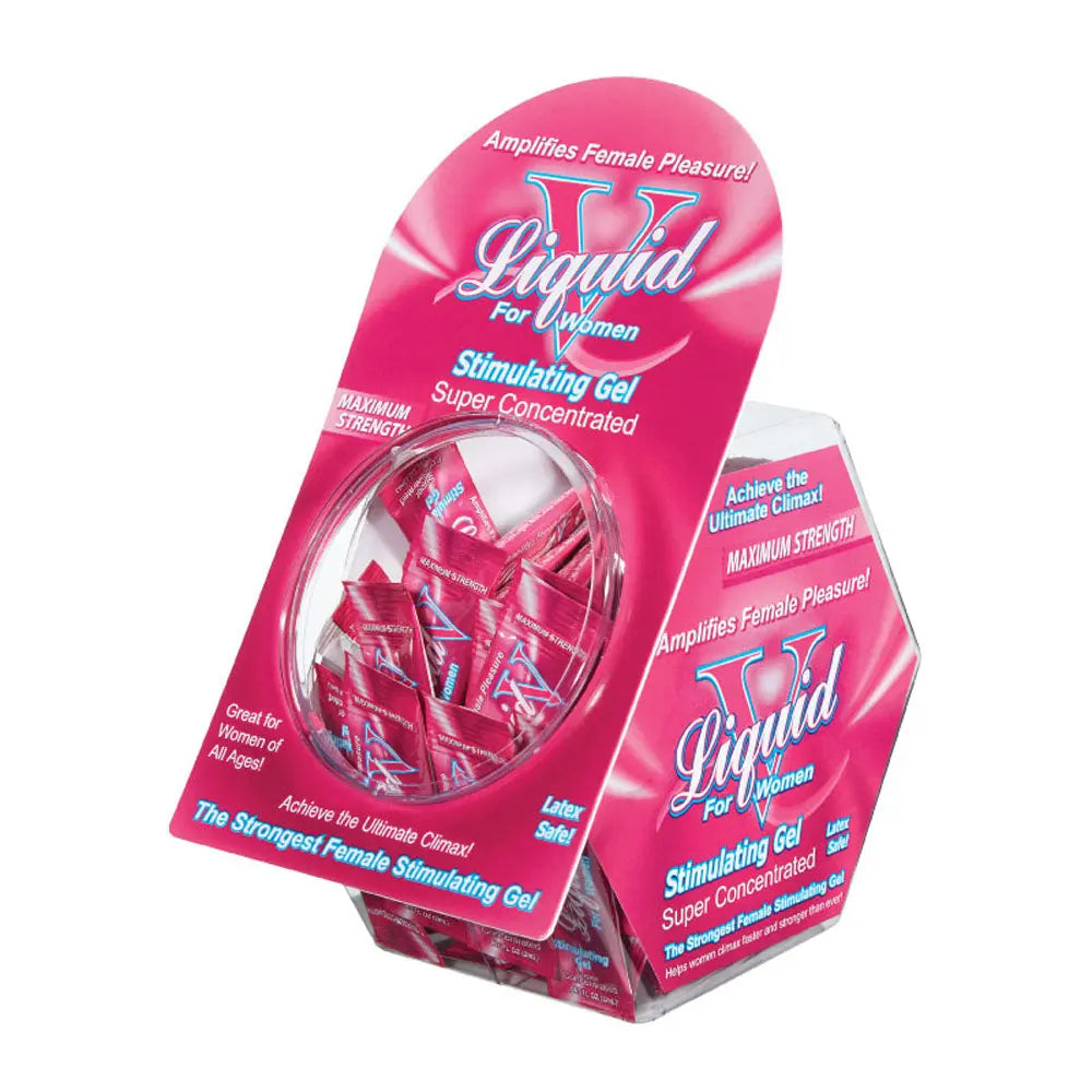 Liquid for Women stimulating gel display box, pink package with gel jars and text