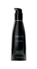 Water-based intimate lubricant bottle, black with AQUA aqua label, Wicked.