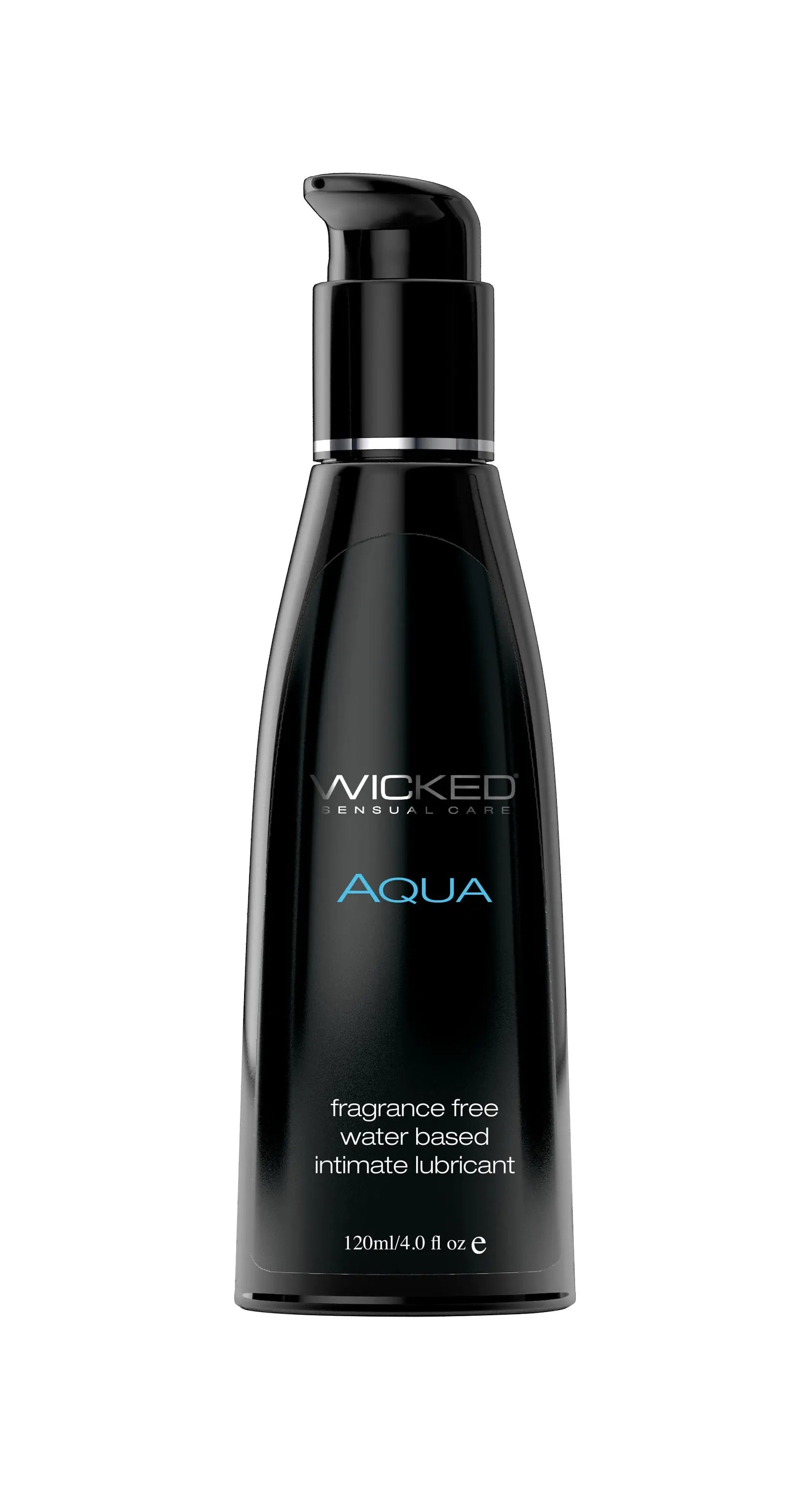 Water-based intimate lubricant bottle, black with AQUA aqua label, Wicked.