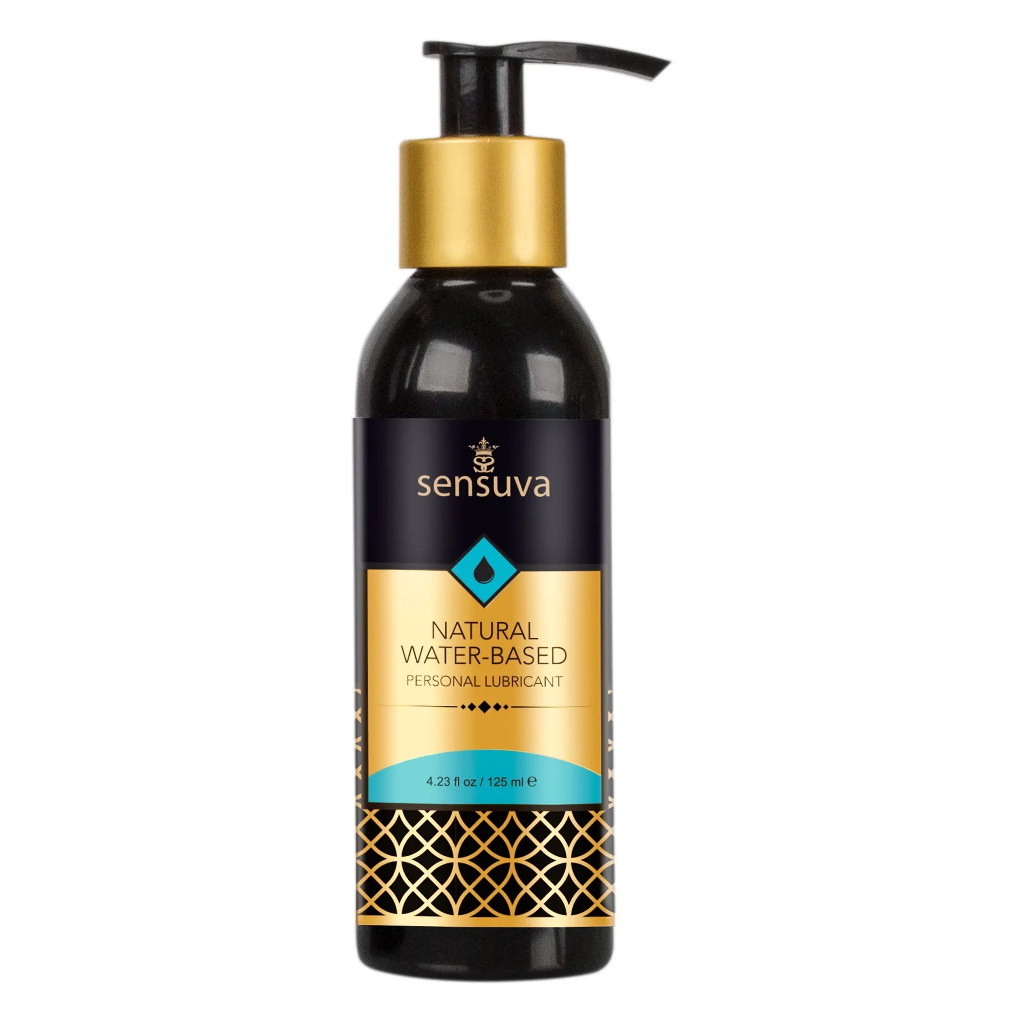 Personal moisturizer bottle with gold pump, dark bottle, natural water-based label