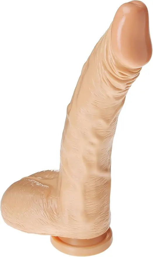 Curved flesh-toned silicone pleasure dildo with veined texture, tapered tip