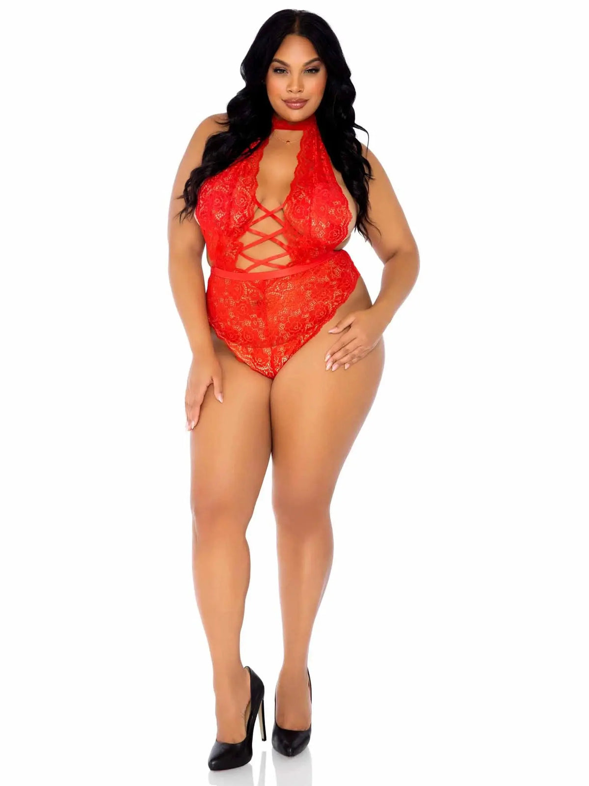 Floral Lace Crotchless Teddy - 1x/2x - Red – body-safe materials | Fu'Cha Exotics