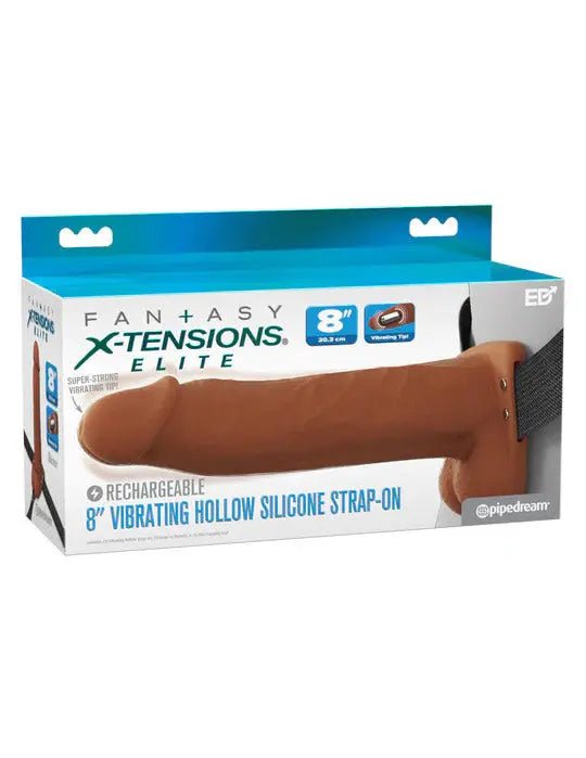Fantasy X-Tensions Elite 8" Vibrating Hollow Silicone Strap-on - Brown – body-safe materials | Fu'Cha Exotics