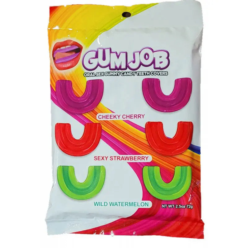 Gummy candy teeth covers pack with pink, purple, red and green flavor shapes