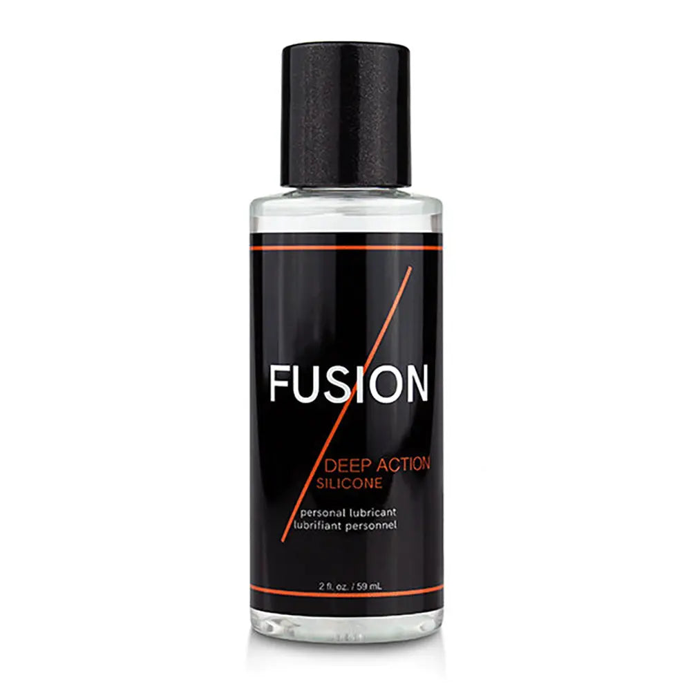 Silicone lubricant bottle with black cap, Fusion label, 2 fl oz size.
