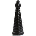 Large black adult pleasure toy with ribbed shaft and tapered tip