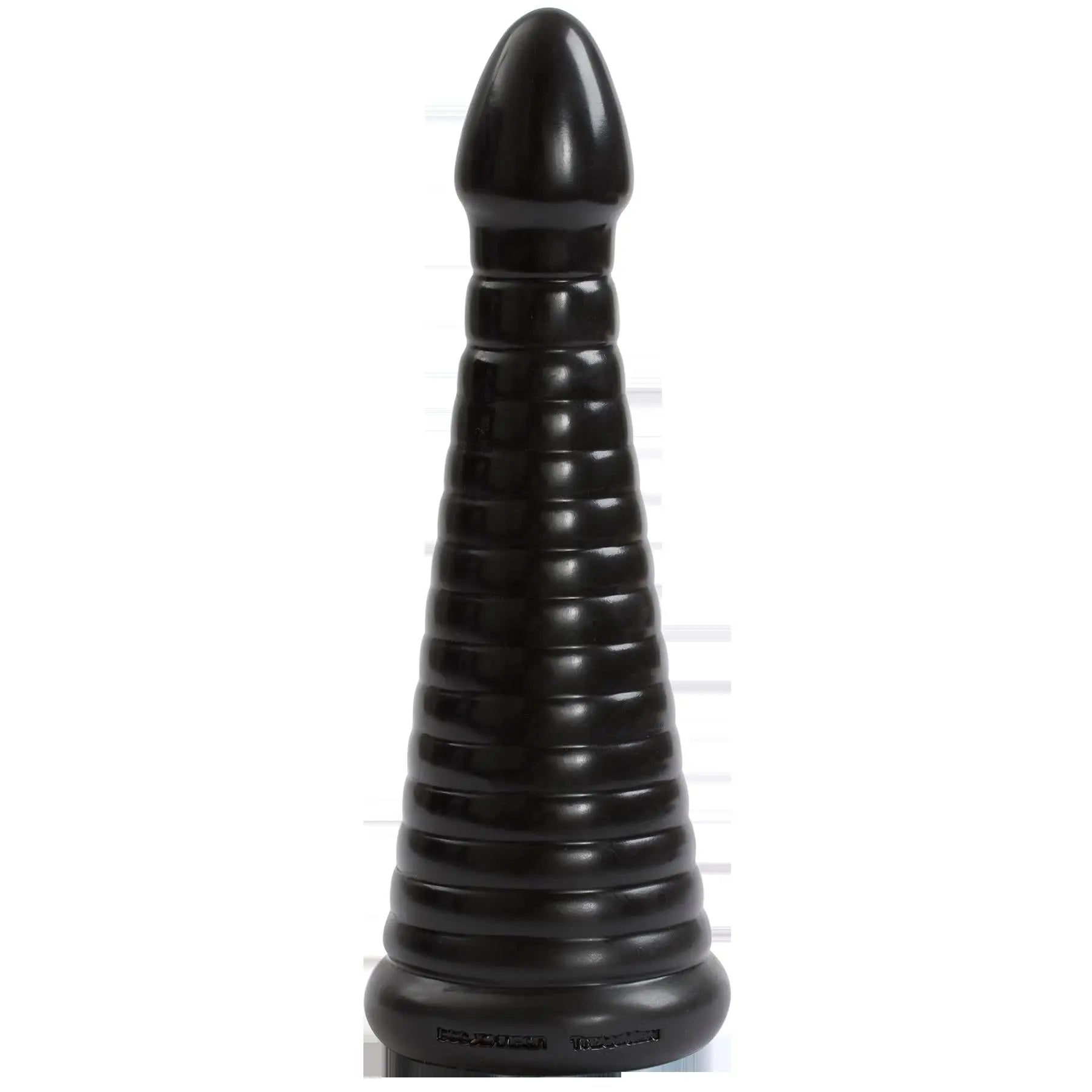 Large black adult pleasure toy with ribbed shaft and tapered tip