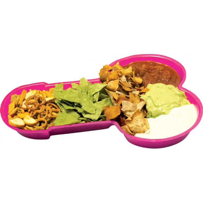 Pink divided party platter with multiple food compartments for appetizers