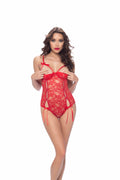 Open Cup Crotchless Functional Tie Teddy  - One Size - Red