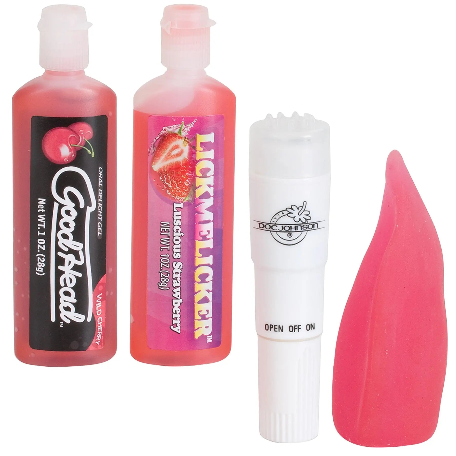 Couples oral care kit with red and pink bottles, white lip balm tube, pink applicator