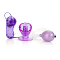 Purple vibrating suction tongue toy with turbo nozzle and base