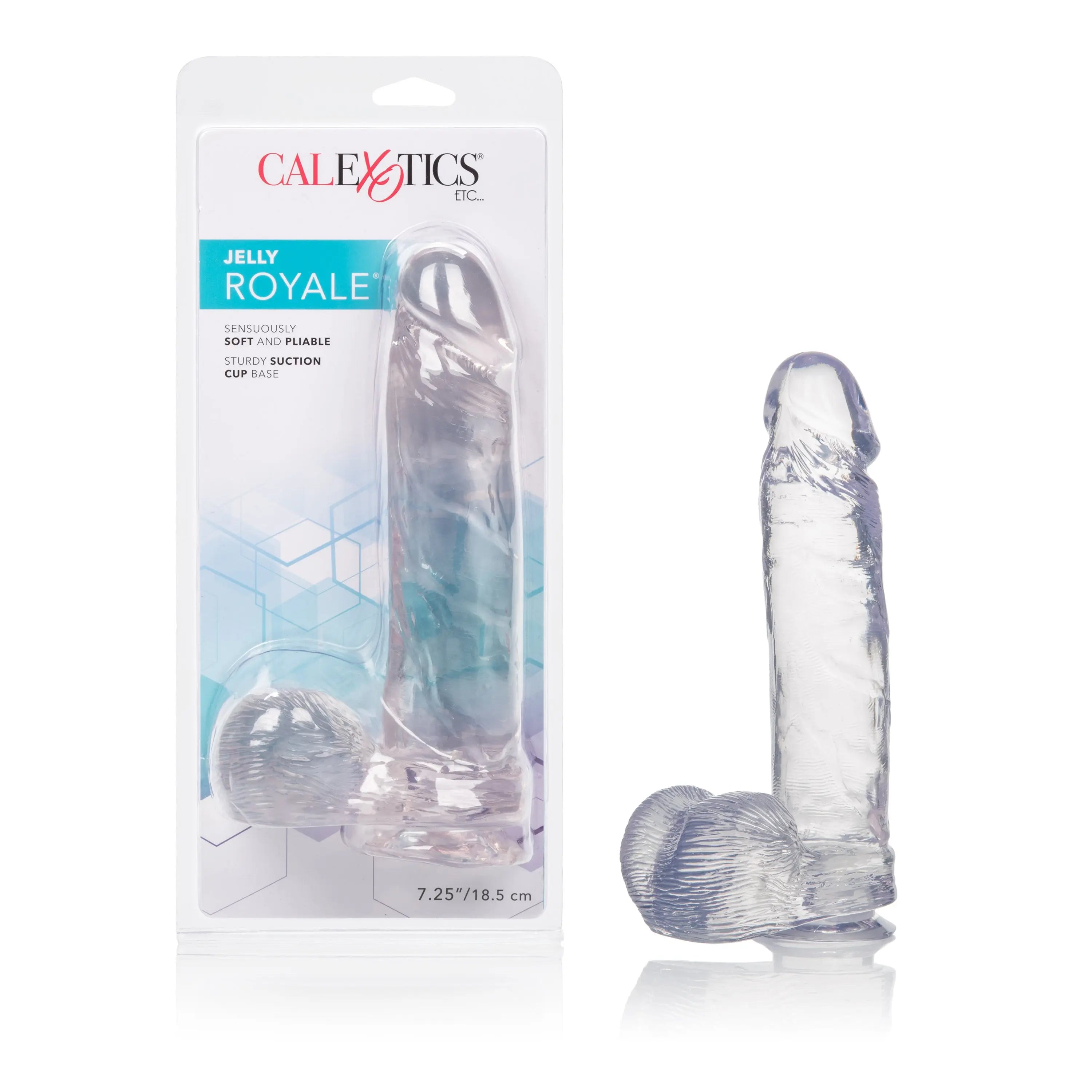 Clear ribbed jelly sex toy, 7.25 in, transparent curved shaft
