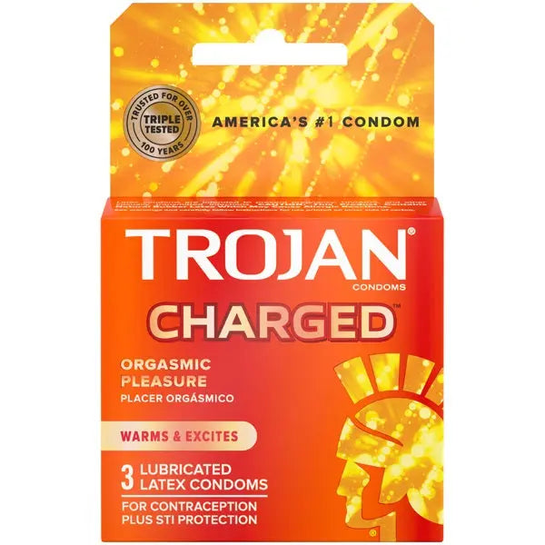 Trojan charged orgasmic pleasure condoms, 3-pack of lubricated latex condoms