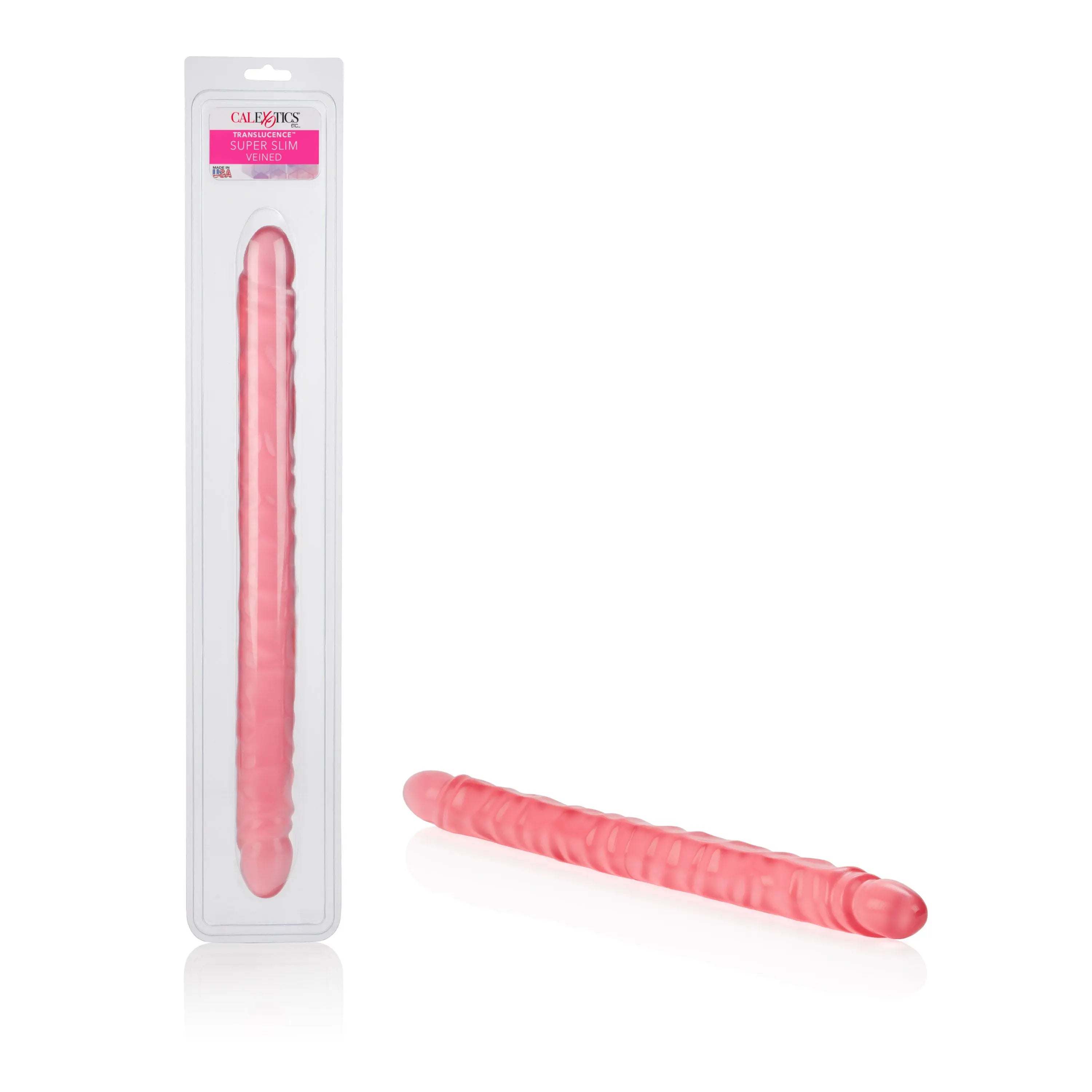 Translucent pink slim sex toy in blister pack, ribbed veined surface.