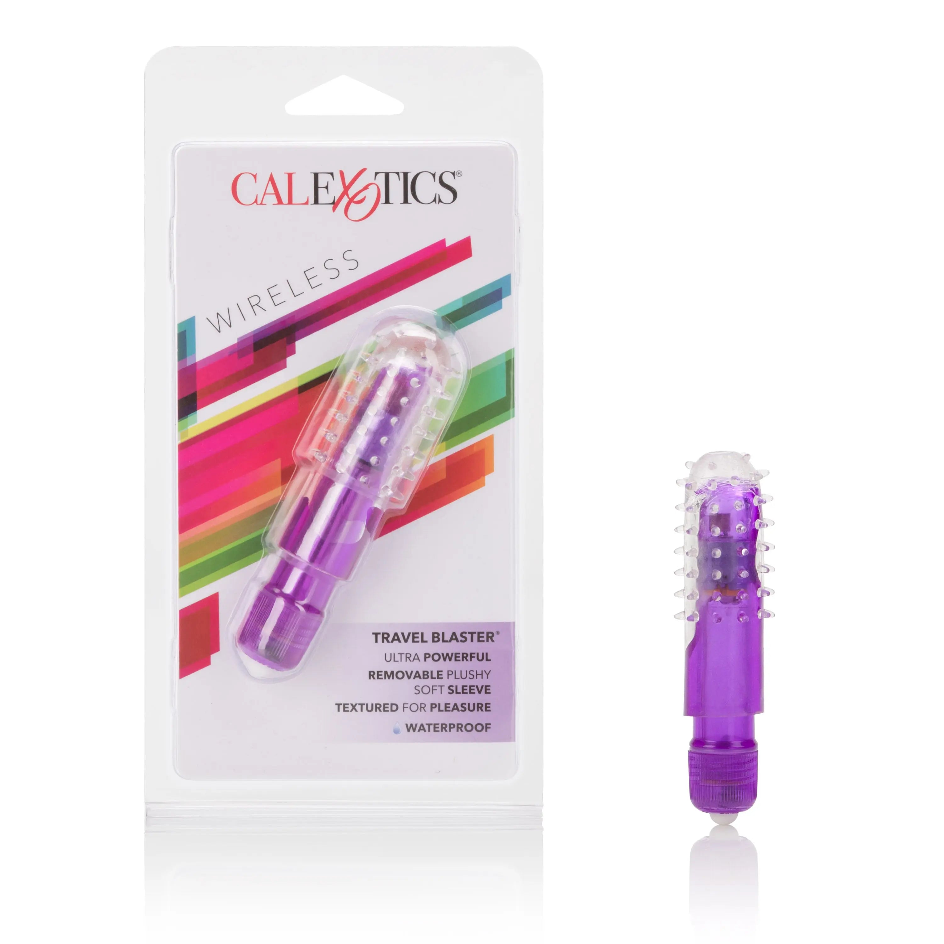 Purple wireless travel blaster with textured ridged handle, waterproof flexible head