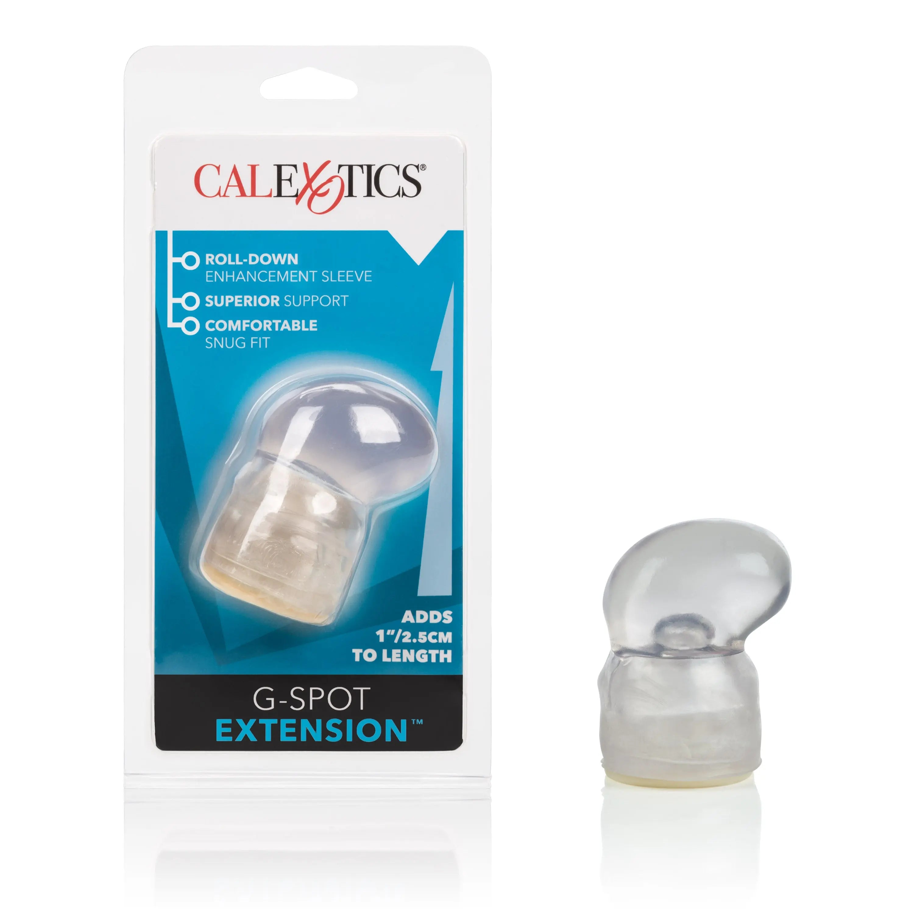 Clear G-Spot extension sleeve with rounded tip, flexible plastic