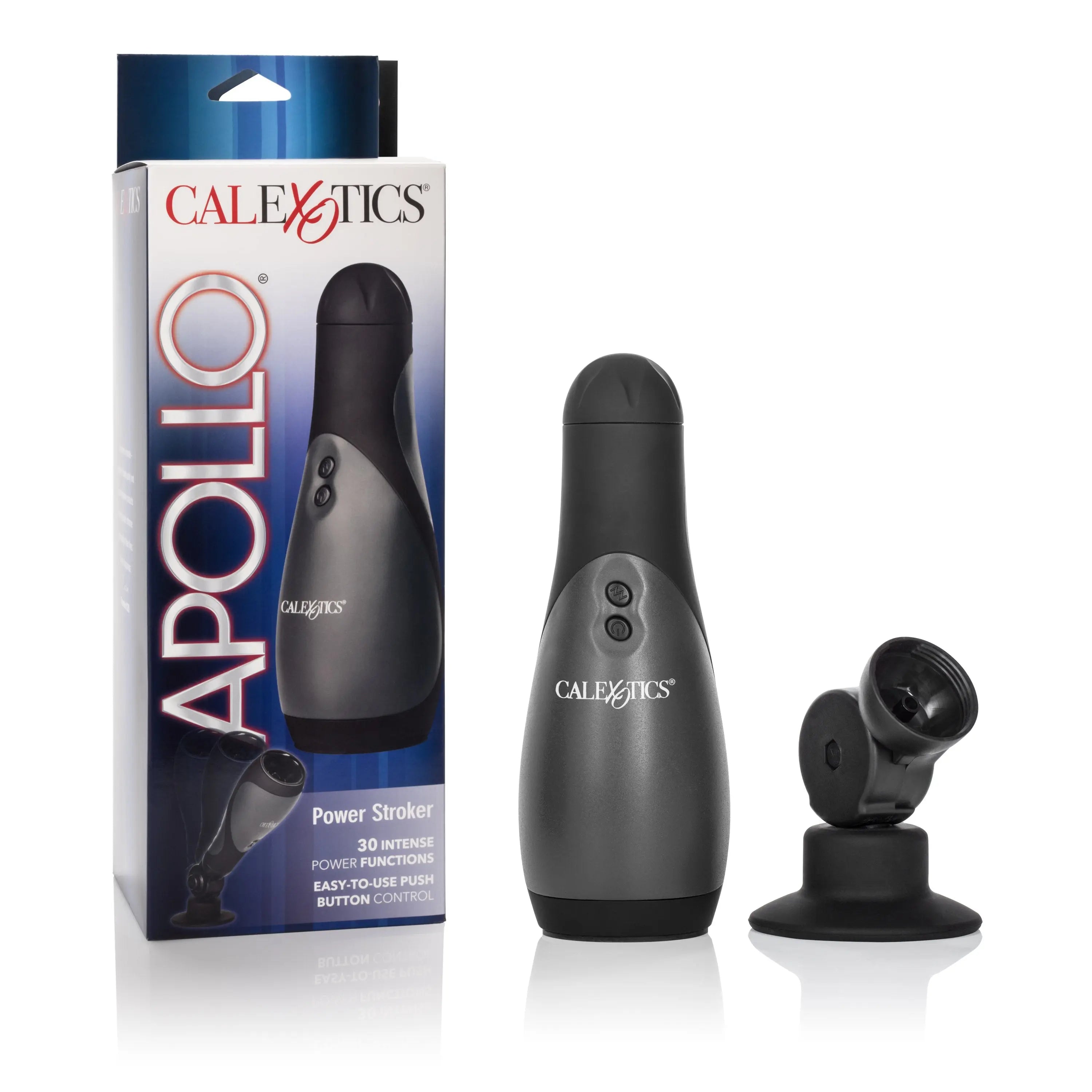 Black handheld power massager with CALEYETICS branding and base stand