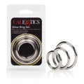 Silver ring set with three stackable metallic bands, shiny rounded edges