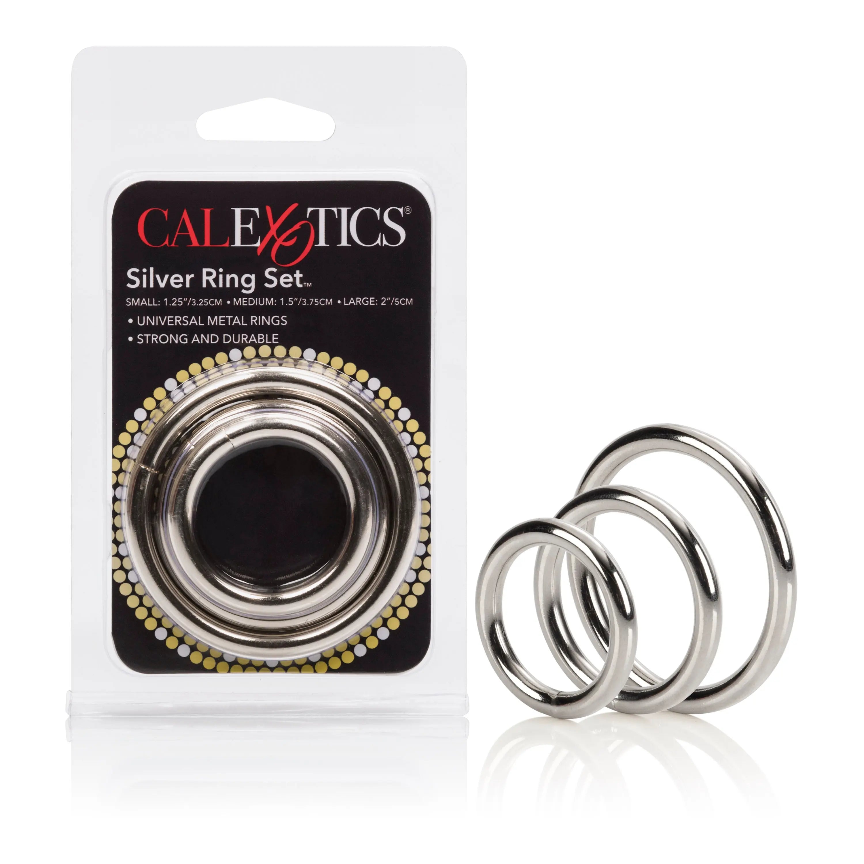 Silver ring set with three stackable metallic bands, shiny rounded edges