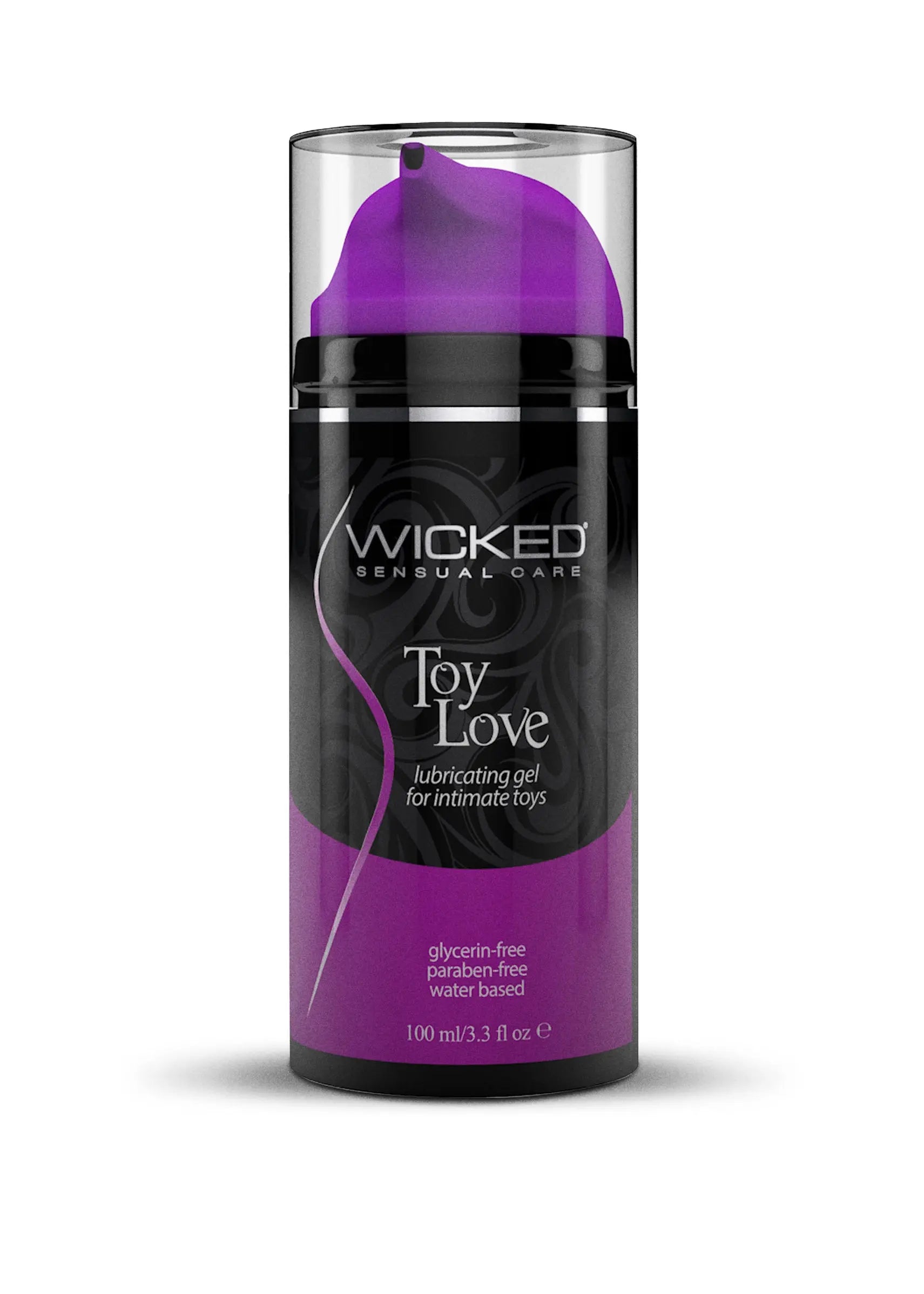 Wicked Toy Love lubricant gel bottle, purple/black label, 3.3 fl oz