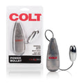 Colt power bullet, silver-gray handheld massager with red logo and attached cord