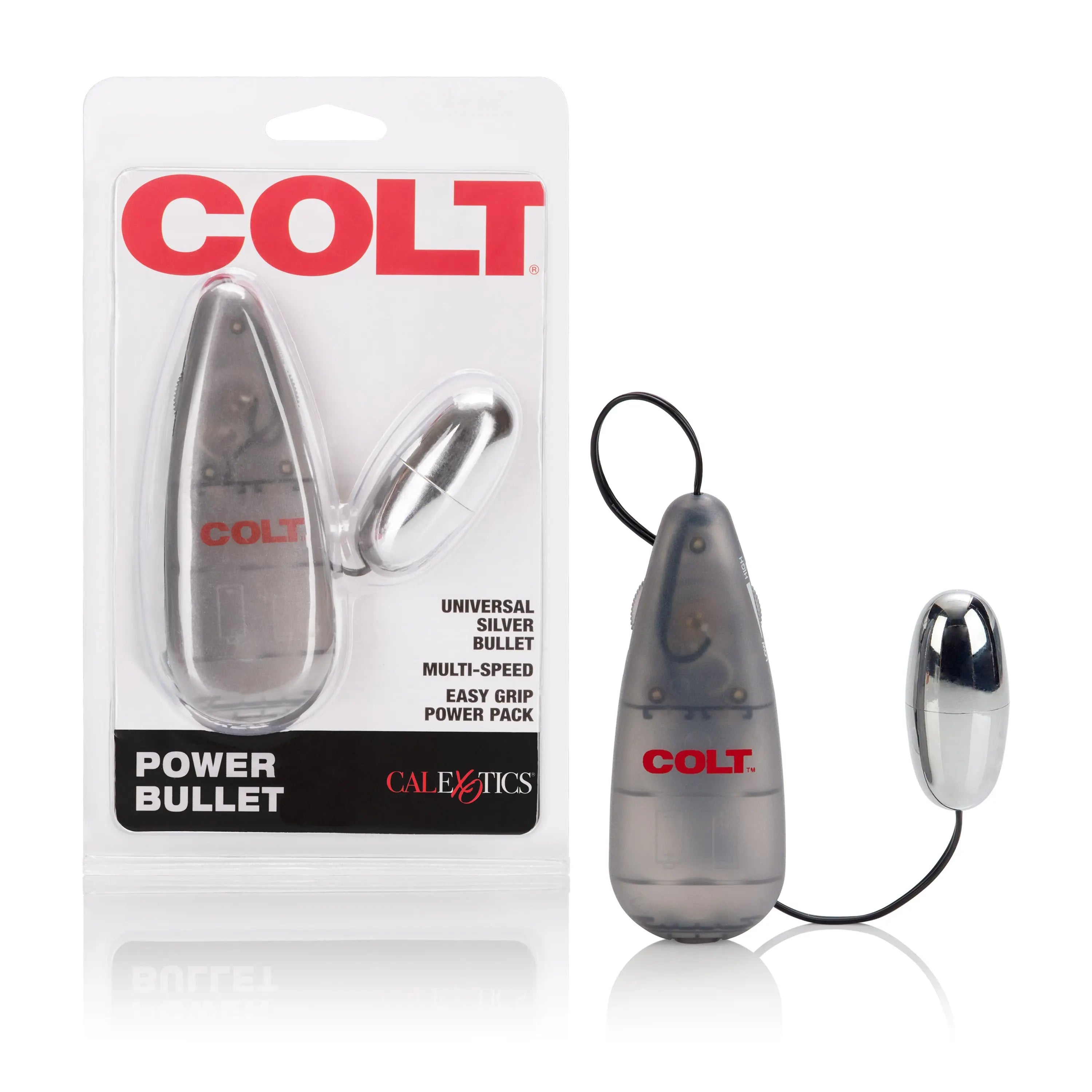 Colt power bullet, silver-gray handheld massager with red logo and attached cord