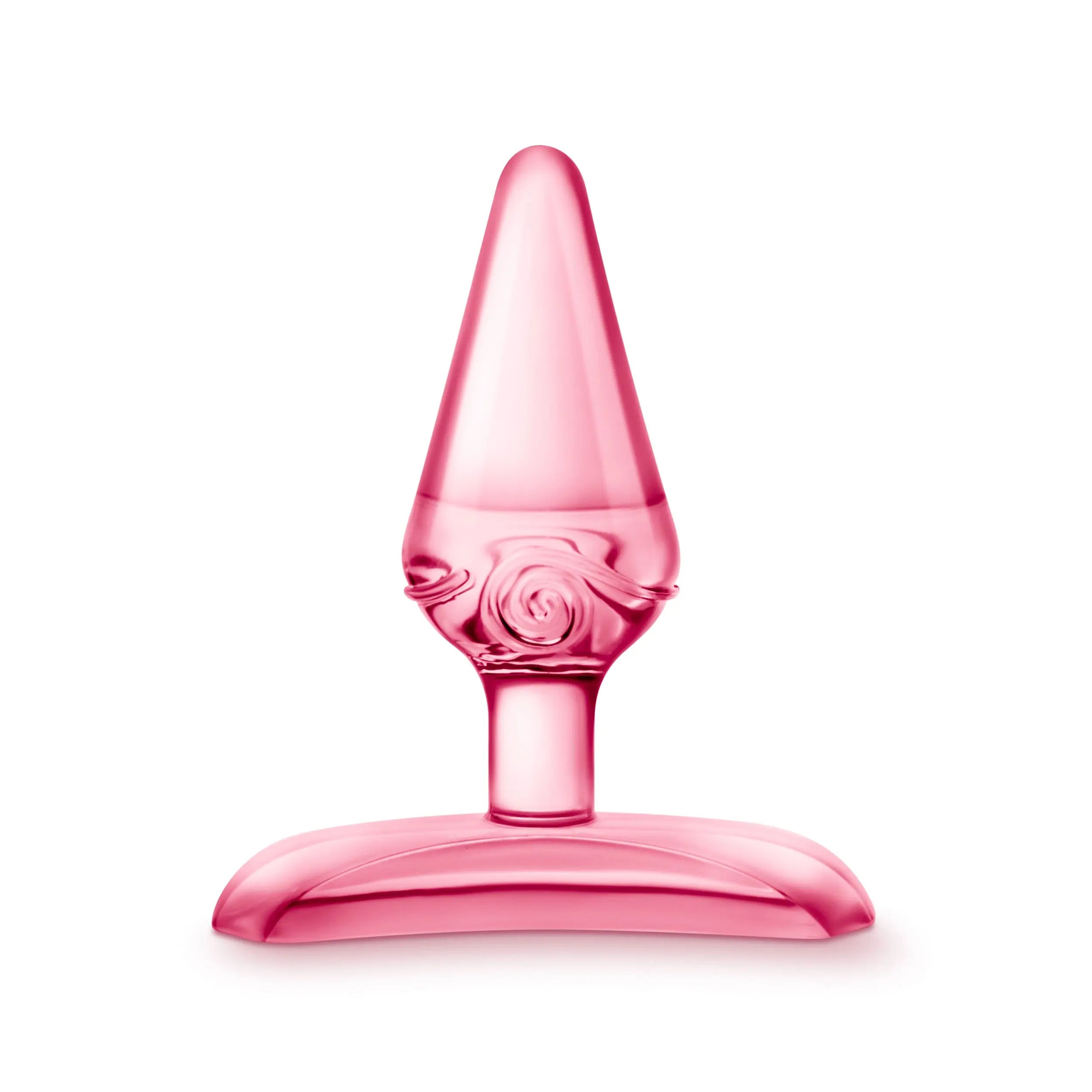 Pink silicone toy plug with flared base and spiral ridged tip