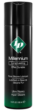 Silicone lubricant bottle, black with green Millennium label and TD logo, 4.4 fl oz