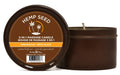 Brown hemp seed 3-in-1 massage candle in metal tin with open lid