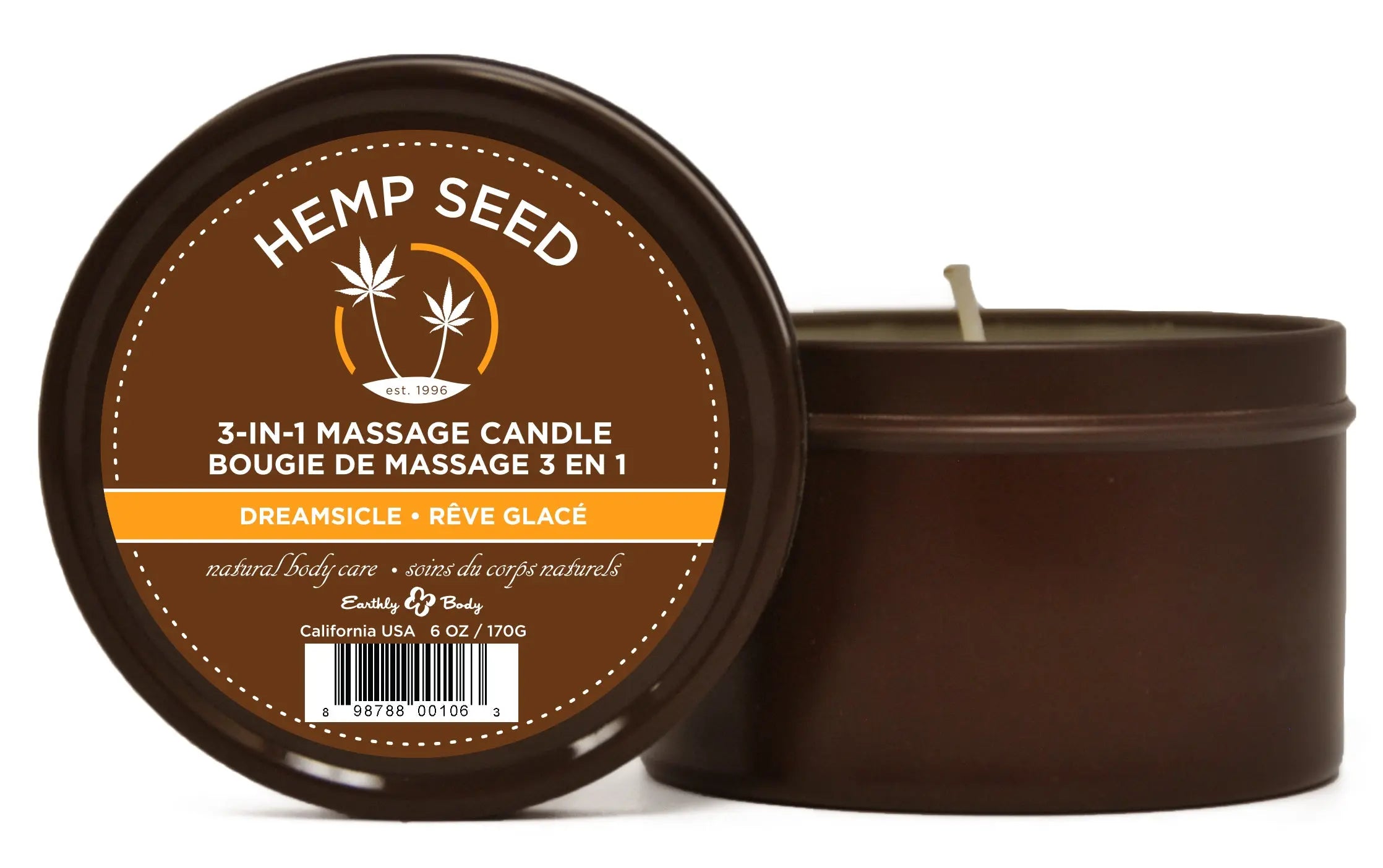 Brown hemp seed 3-in-1 massage candle in metal tin with open lid