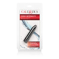 Black bullet-style massager in retail blister packaging