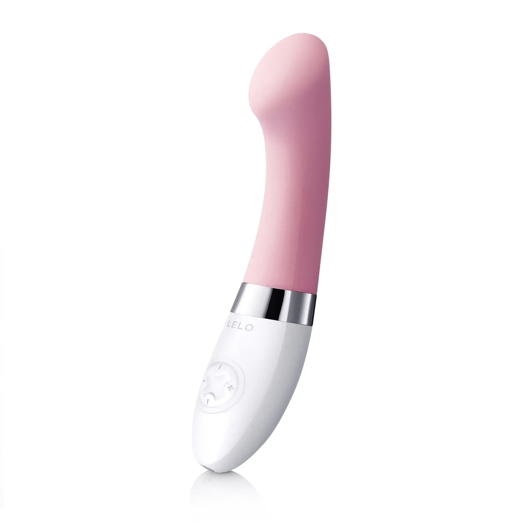 Pink handheld massager with rounded white base and silver ring