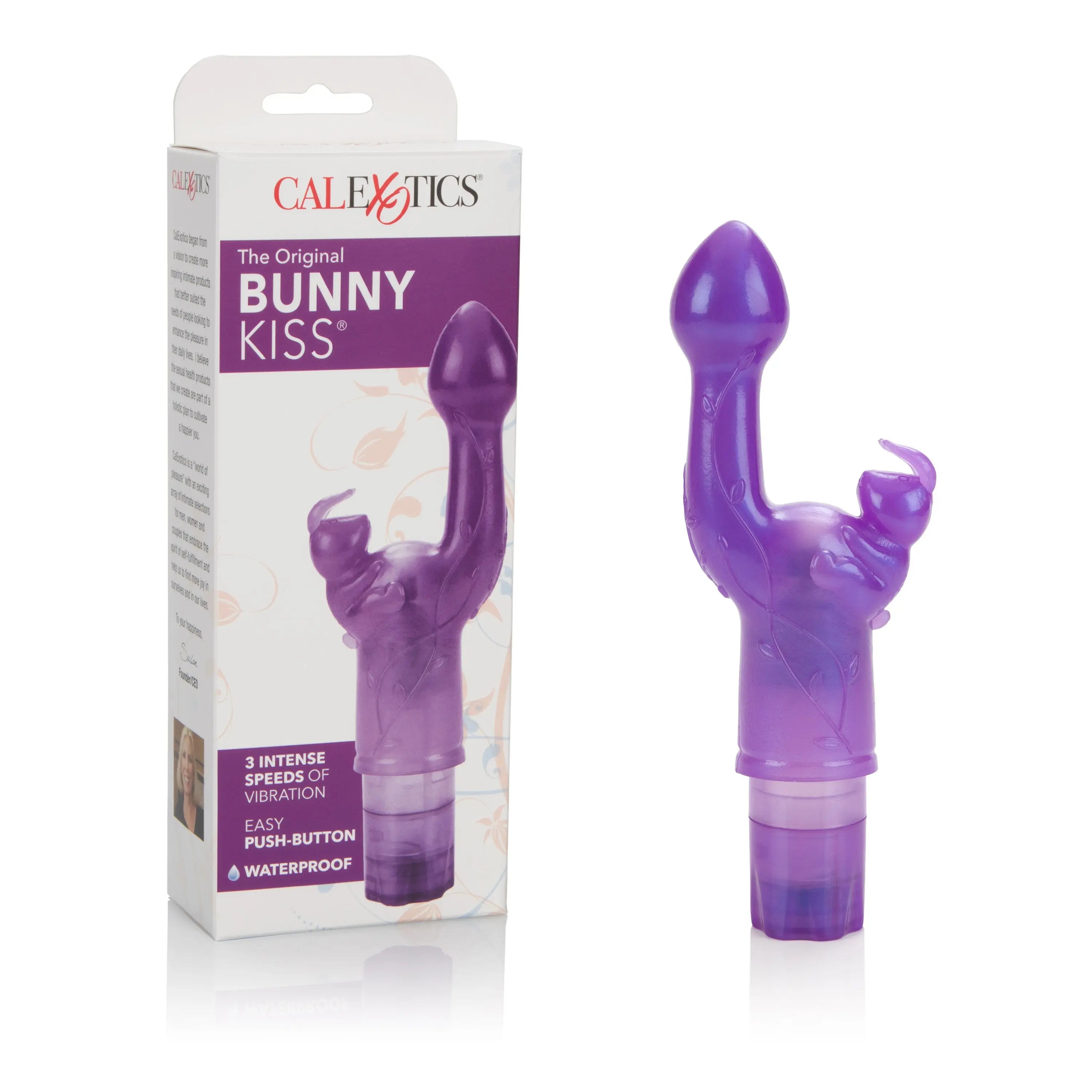 Purple rabbit-shaped vibrating massager with curved handle and clear base