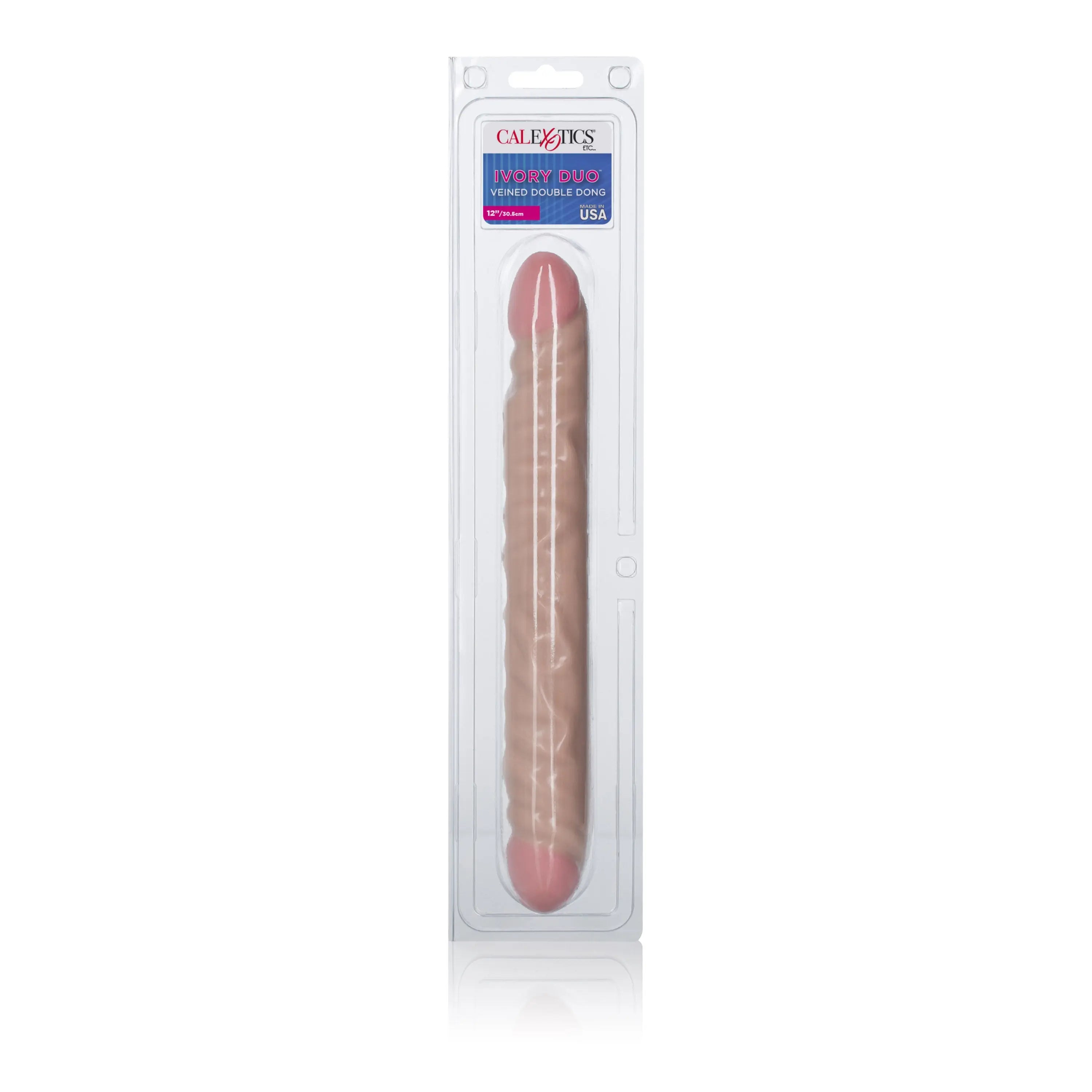 Veined double-ended dong sex toy, ivory, in clear blister pack