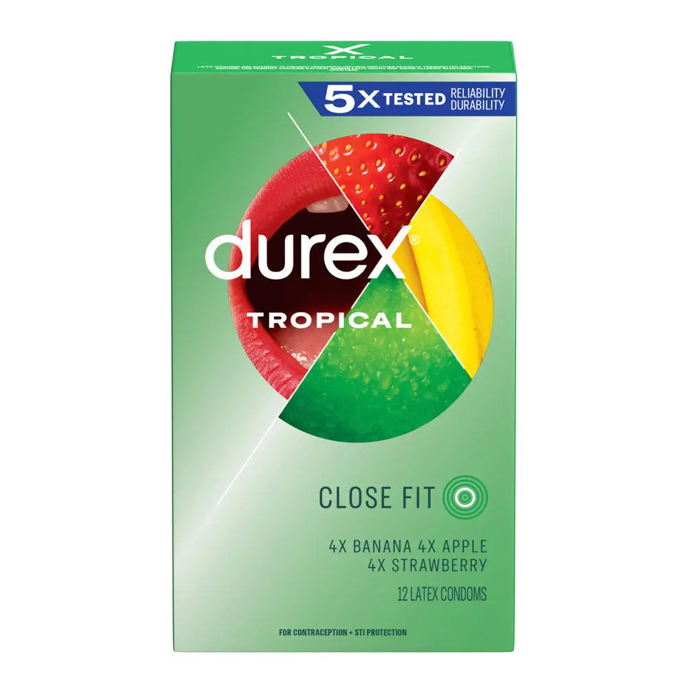 Durex Tropical 12-pack Close Fit condoms box with fruit flavor images