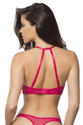 High Neck Bra With Diagonal Eyelash Lace Panels - Medium - Bright Rose