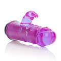 Purple translucent arouser with ribbed grip and curved head, with flared tip