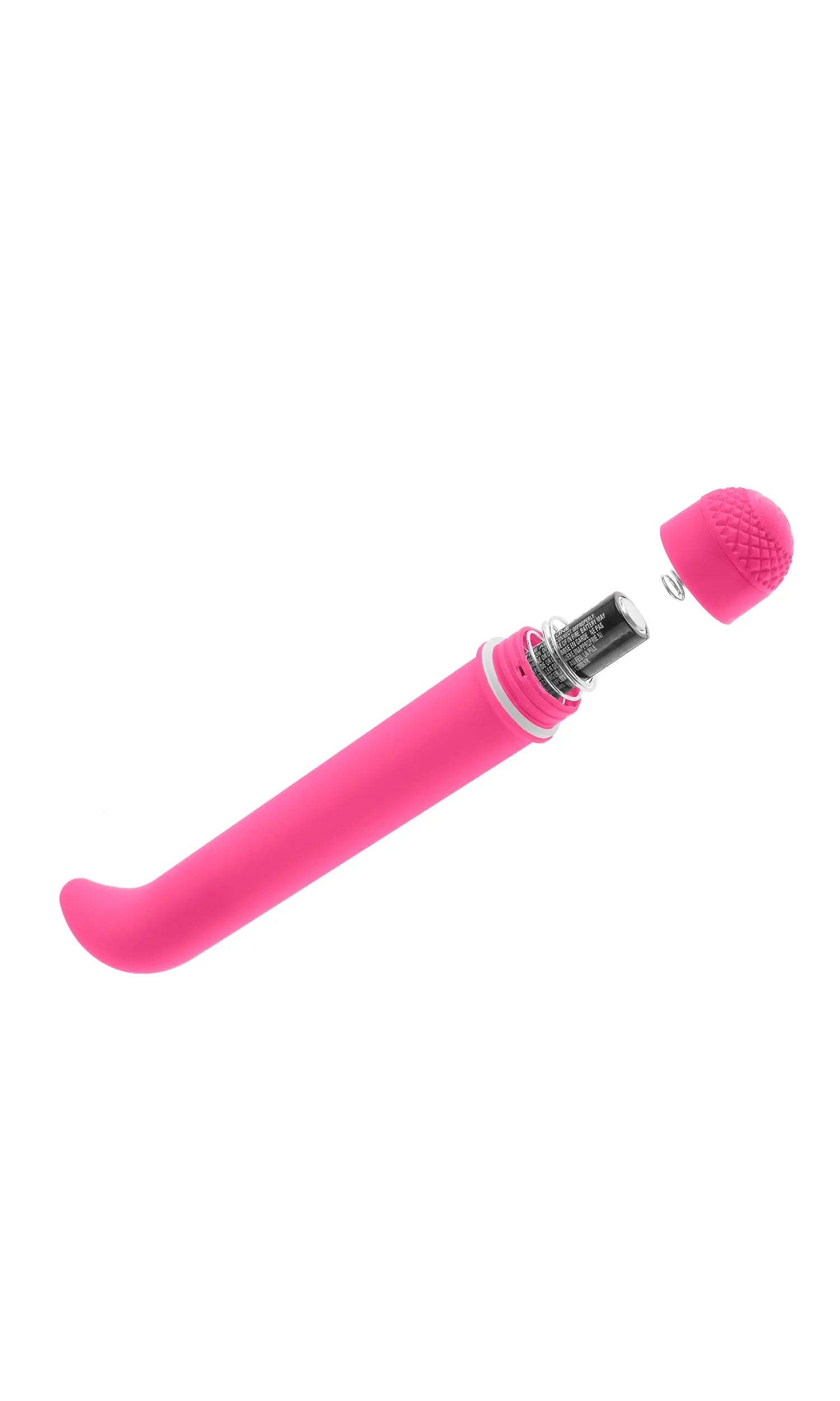 Pink G-spot vibrator with textured silicone tip and silver base module